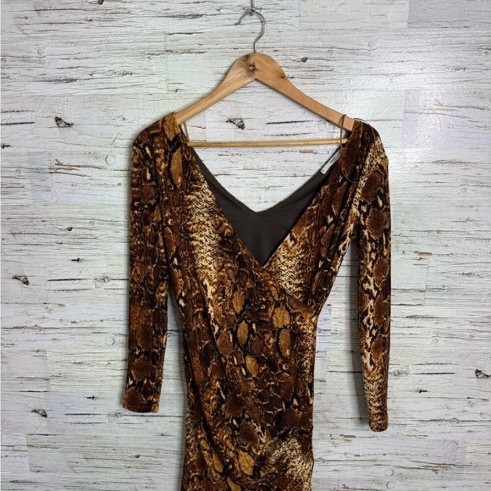 Mango Brown Black Sequin Bodycon Dress Long Sleeve V-Neck size xs